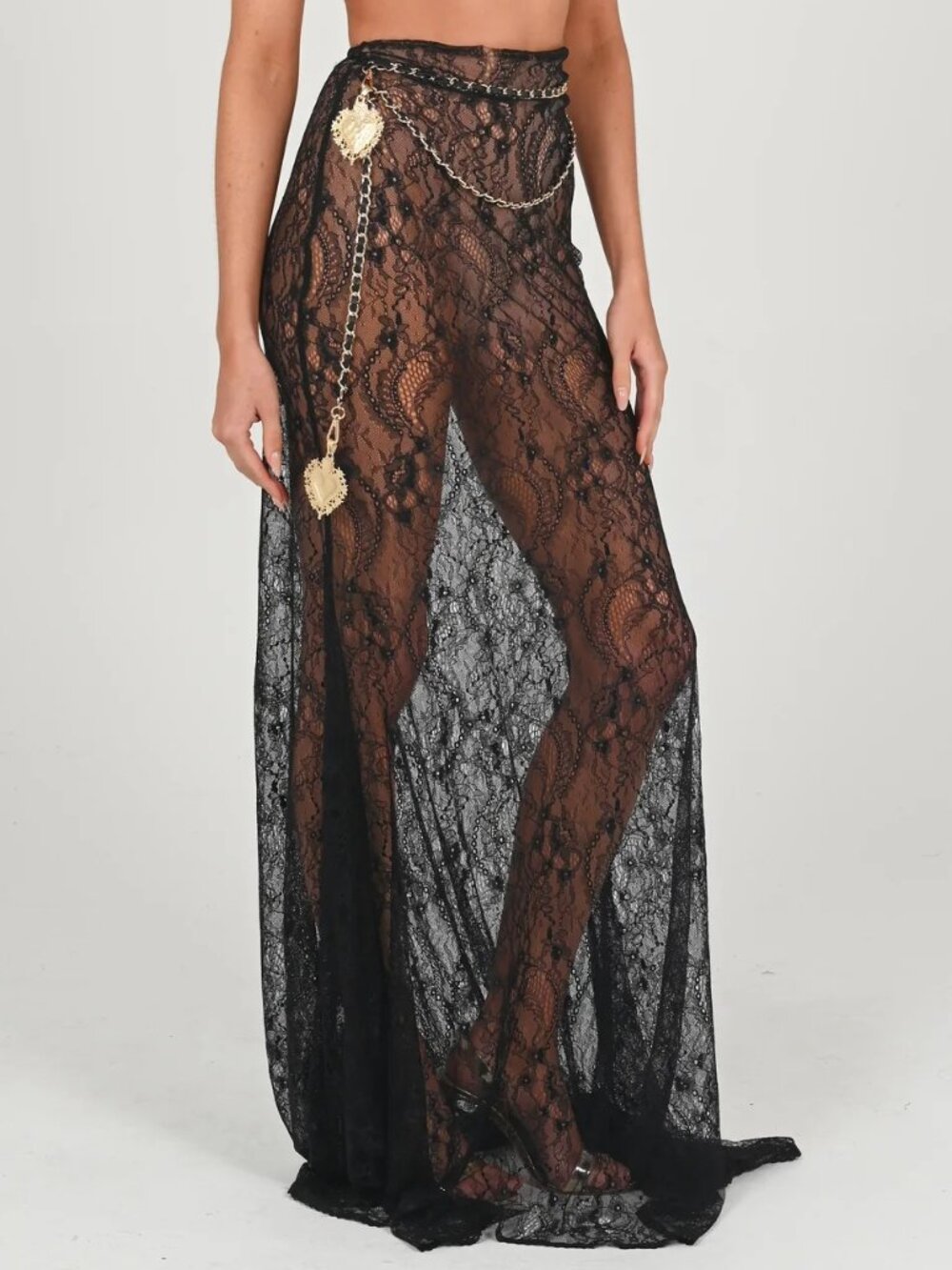 ๐A BOMBSHELL!๐The Dolls House Francesca Black Lace Maxi Skirt w/ Chain & Belt - Picture 2 of 16